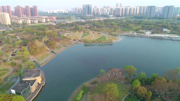 Aerial View of Chinese Botanical Garden. Beautiful View of the Garden with Lake, Architecture