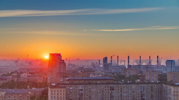 Residential Buildings Stalin Skyscrapers and Panorama of City at Sunrise Timelapse in Moscow Russia