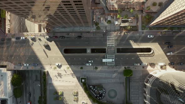 AERIAL: Slow Uplifting Birds Eye View Flight Over Downtown Los Angeles California Grand Avenue in