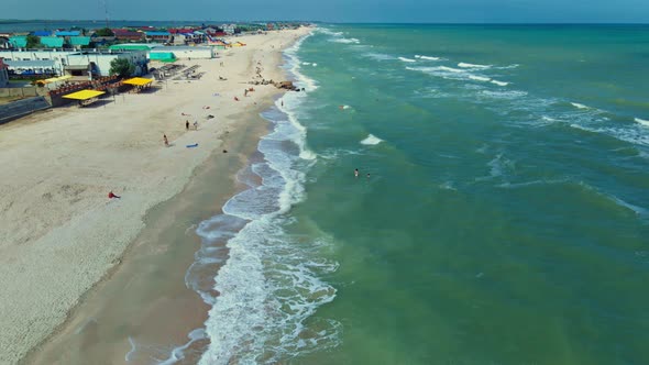 Aerial Drone Shot Narrow Long Island in Azov Sea with Long Sandy Beaches