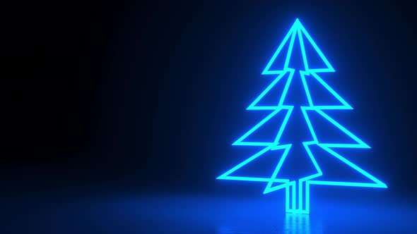 Christmas trees, blue neon glow icon on darkness black background