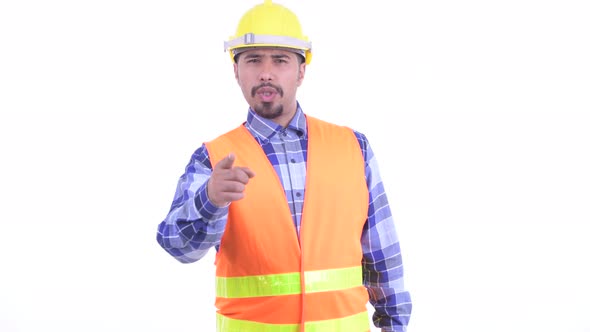 Angry Bearded Persian Man Construction Worker Pointing at Camera