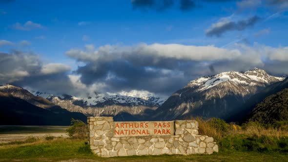 New Zealand Arthurs Pass sign timelapse