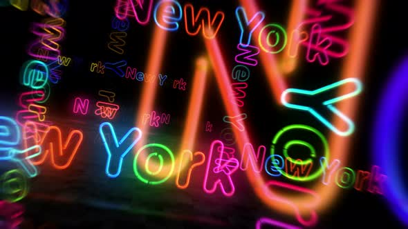 New York neon symbol 3d flight between