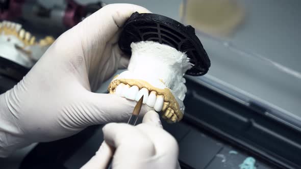 dental technician creates dental prostheses. laboratory. close-up.