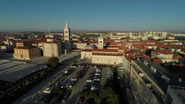 Aerial view of a parking lot on a sunny evening