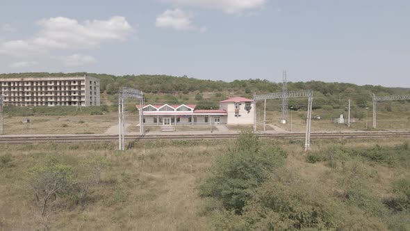 Samtskhe-Javakheti, Georgia - August 20 2021: Aerial view of Tetritskaro railway station