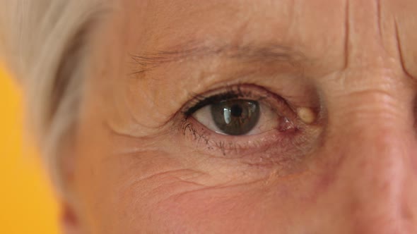 Macro Shot of Green Eye of an Old Woman. Opening the Eye
