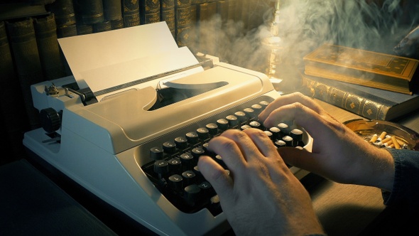 Man Smoking And Typing In Study - Novelist Concept