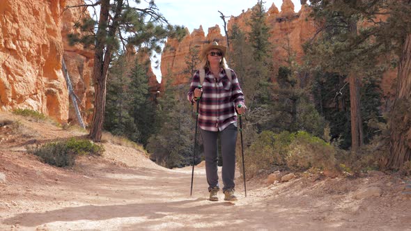 Nordic Walking With Trekking Sticks In Old Age And Woman Hiking In Canyon