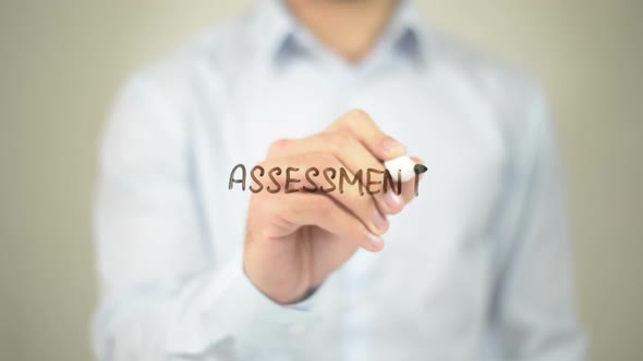 Assessment, Businessman Writing on Transparent Screen