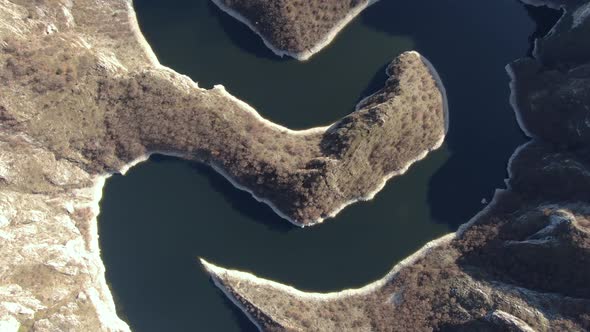 Meanders of Uvac River, Serbia. Aerial View of Natural Beauty and Reserve, Birdseye Drone Shot