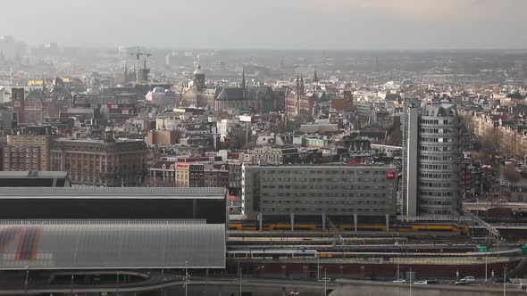 Aerial: The district of Central Station in Amsterdam, Netherlands