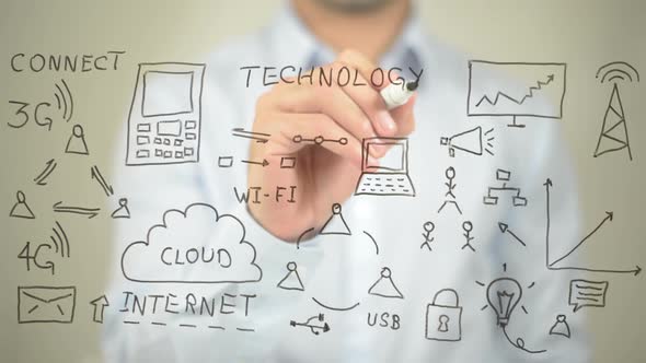 Technology, Businessman Writing on Transparent Screen