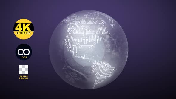 The Earth Globe From a Microcircuit Texture With an Alpha Channel Rotates Around its axis