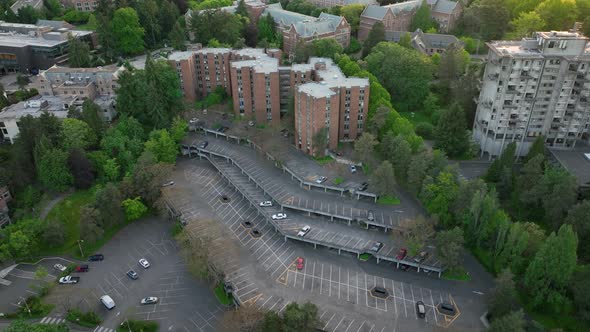 Aerial of the Padelford building and parking garage at the University of Washington.