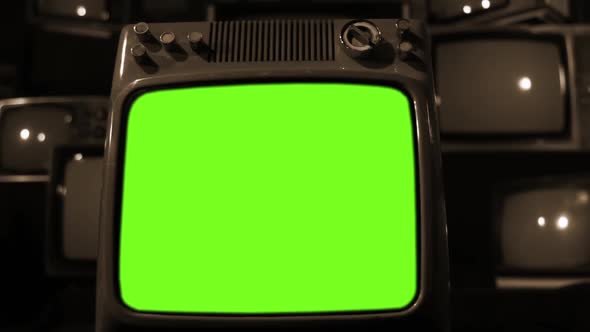 Retro TV Turning On Green Screen With Static Noise. Sepia Tone.