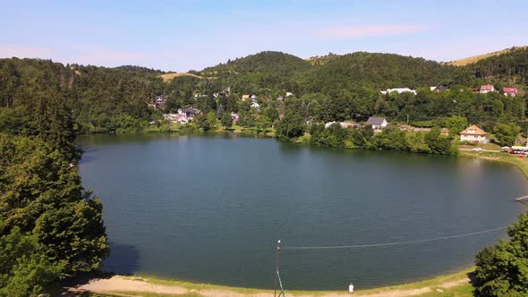 Aerial view of the lake in the village of Stiavnicke Bane in Slovakia