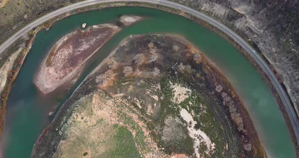 Colorado River bending with view from above drone video.