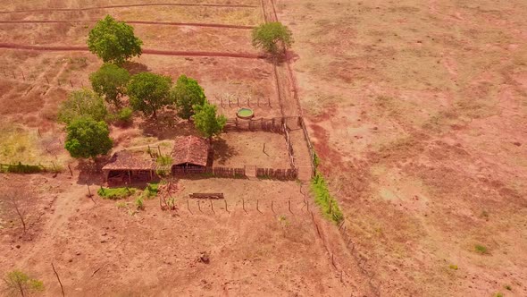 Aerial birds eye shot over an abandoned farmstead in rural Bahia, Brazil