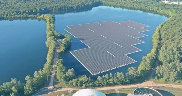 Panorama Aerial View of Platform on Lake Floating Solar Panels