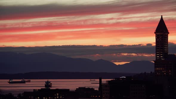 City Tower Skyline Silhouette With Sunset On Waterfront Mountain View