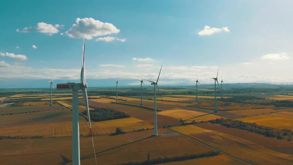 Aerial View of Wind Turbines Farm and Agricultural Fields, Austria