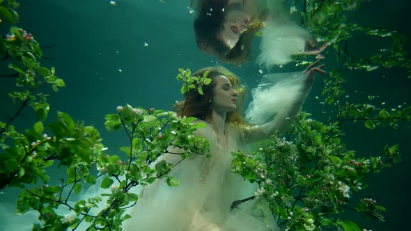 Fabulous Underwater Shot with Charming Young Woman in White Gown in Garden in Sea Depth