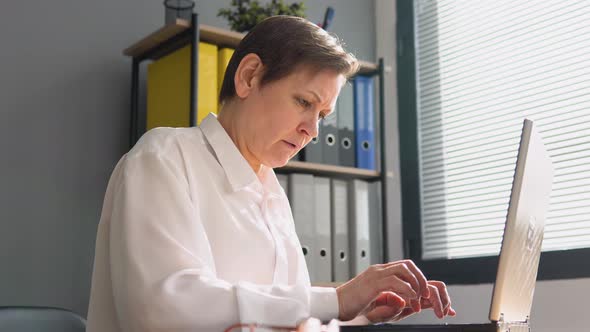 Senior Woman Works Behind a Laptop