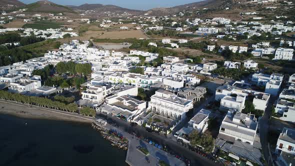 Parikia on the island of Paros in the Cyclades in Greece seen from the sky