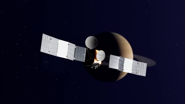 Space satellite flying near Saturn. A cosmic satellite with solar power panels.