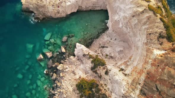 Aerial drone view of the Ionian Sea coast of Zakynthos, Greece. Rocky cliff, vegetation