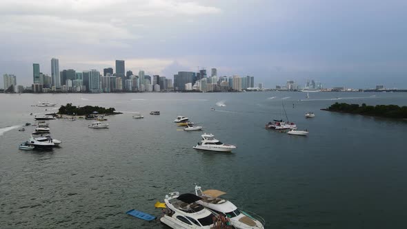 Boats in Marina Harbor with Miami Skyline in Background, Florida - Aerial