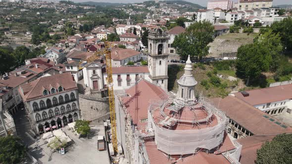 Aerial close up shot of monastery of Sao Goncalo under restore, repair maintenance.