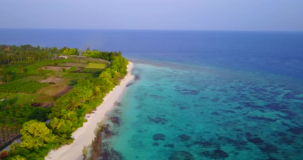 Wide angle flying abstract shot of a paradise sunny white sand beach and blue sea background in colo