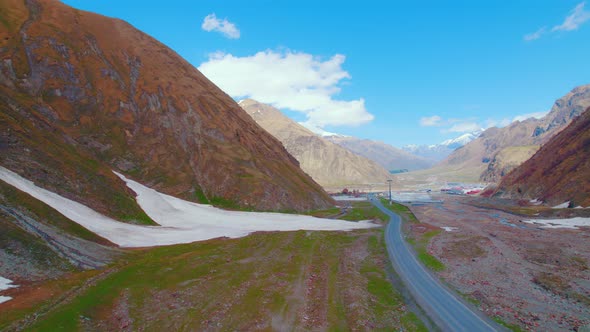 Scenic Drone Shot of Kazbegi Valley MtskhetaMtianeti Region Georgia