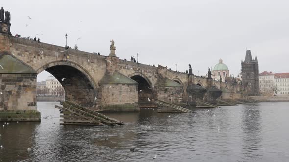 Slow motion Charles bridge over Vltava river in capital of Czechia  1920X1080 HD footage - Czech Rep