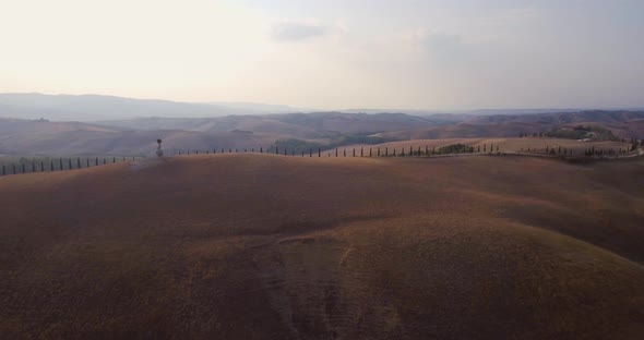 Aerial, Gorgeous View On Plowed Fields Landscape And Rows Of Cypress Trees In Tuscany