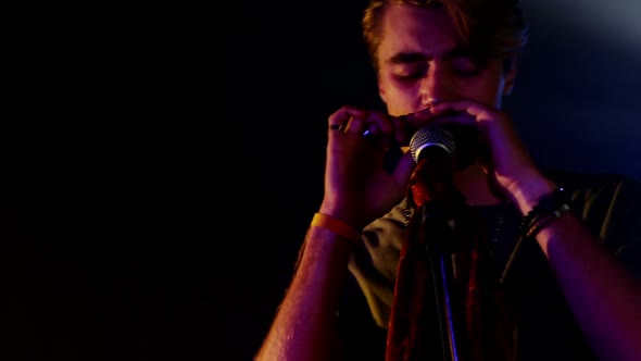 Man playing harmonica at nightclub