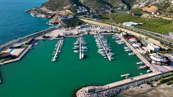Yachts in the Port Aerial View 4 K Alanya Turkey