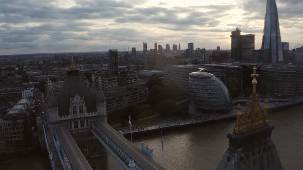 Aerial View to the Beautiful Tower Bridge and the Skyline of London