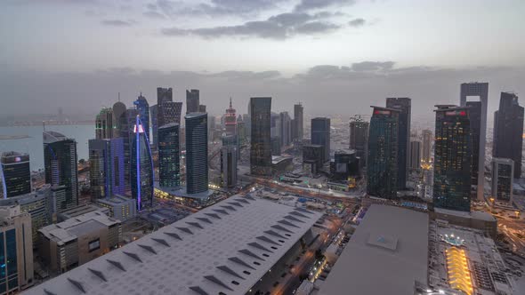 The Skyline of the West Bay Area From Top in Doha Day to Night Timelapse Qatar