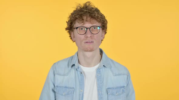 Redhead Young Man Head Shake No Sign Yellow Background