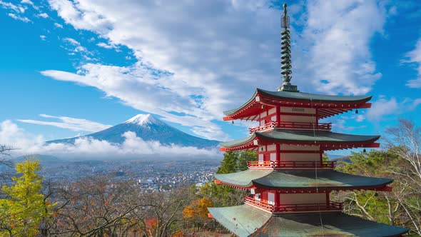 4K Timelapse of Mt. Fuji with Chureito Pagoda in autumn, Fujiyoshida