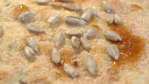 Pita bread with sunflower seeds. Sugary flatbread texture close up. Macro