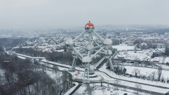 Aerial view of the Atomium in wintertime, Brussel, Belgium.