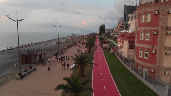 Drone flies along new Batumi boulevard.Georgia