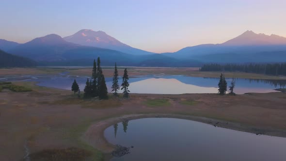 Aerial view of sunrise at Sparks Lake, Oregon