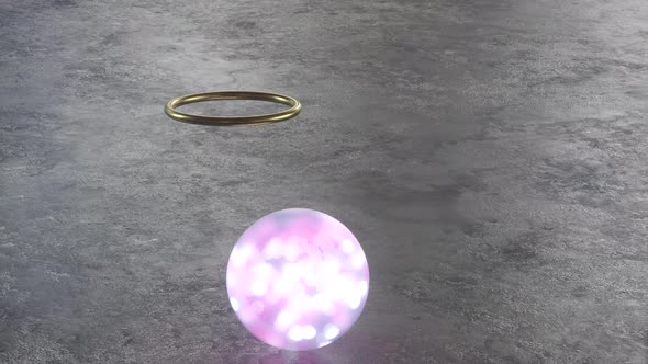 Soft liquid sphere falling through a golden ring and bouncing along the floor. 3d animation looped