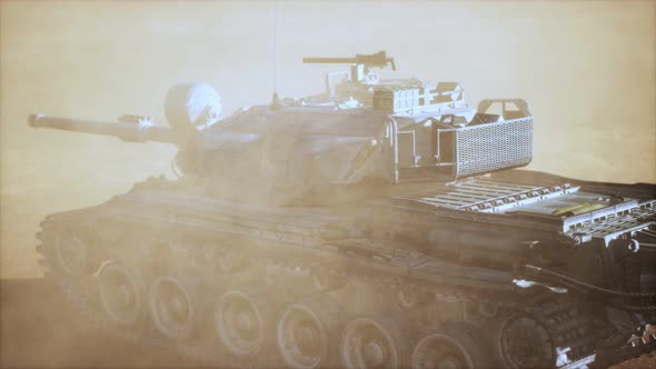 World War II Tank in Desert in Sand Storm